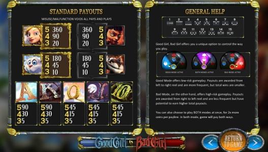 Good Girl Bad Girl Slot Machine Paytable and Paylines Screen