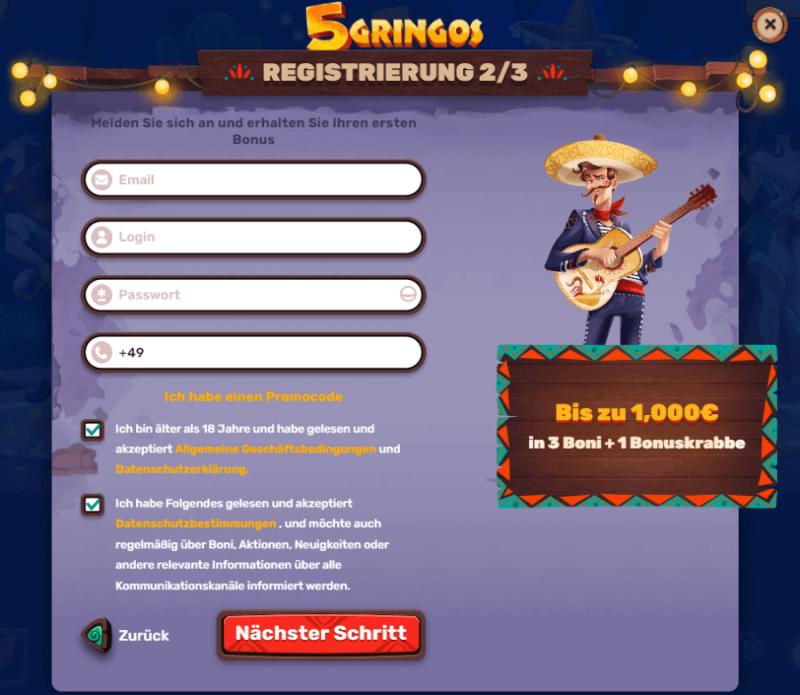Registrierung im 5Gringos Casino Schritt 2 Registrierung im 5Gringos Casino Schritt 2