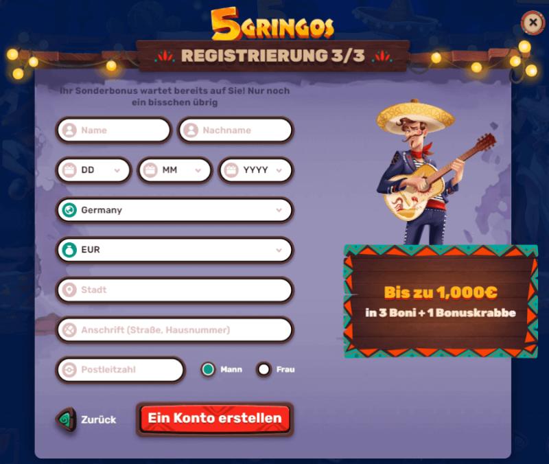 Registrierung im 5Gringos Casino Schritt 3 Registrierung im 5Gringos Casino Schritt 3