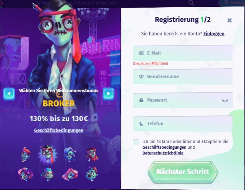 Registrierung im Casombie Casino Schritt 1 Registrierung im Casombie Casino Schritt 1