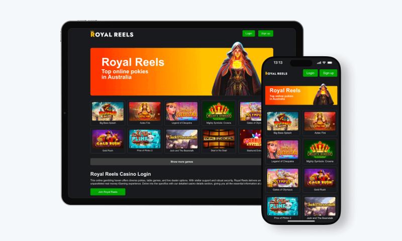 Royal Reels Casino interface displayed on a tablet and smartphone