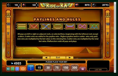 Rise Of Ra Slot Machine Paylines Screen