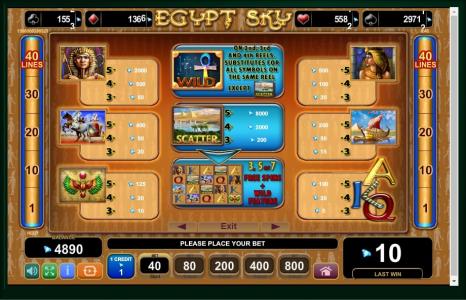 Egypt Sky Slot Machine Paytable Screen