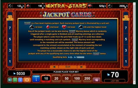 Extra Stars Slot Machine Jackpot Cards Information Screen