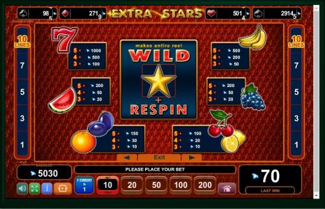 Extra Stars Slot Machine Paytable Screen