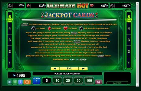 Slot Machine Jackpot Cards Information Screen