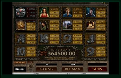 Immortal Romance Slot Machine Paytable Screen