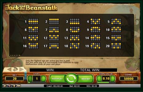 Jack and the Beanstalk Slot Machine Paylines Screen