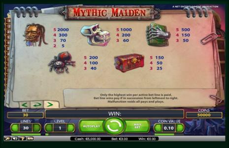Mythic Maiden Slot Machine Paytable Screen