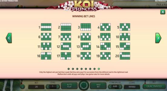 Koi Princess Slot Machine Paylines Screen