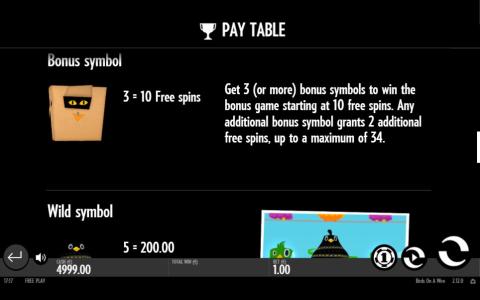 Birds On A Wire Slot Machine Play Table and Bonus Game Screen