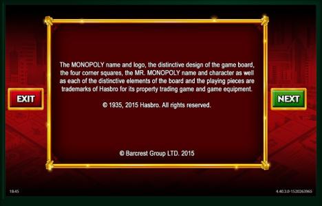 Monopoly Big Event Slot Machine Copyright Information Screen by Barcrest Group LTD Screen
