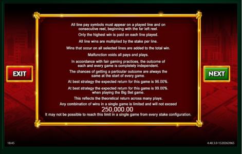 Monopoly Big Event Slot Machine Paylines and Payback Information Screen