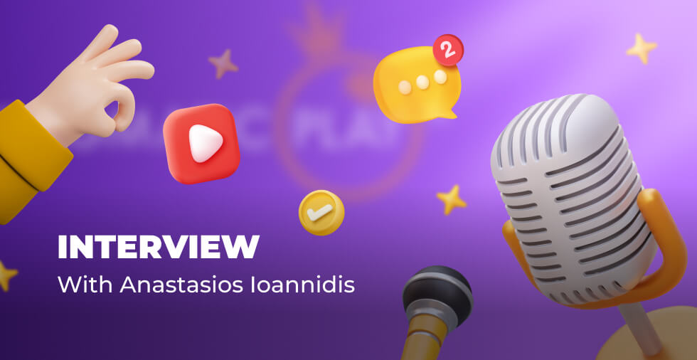 Image of OK sign, microphone and chat on purple background with caption Interview with Anastasios Ioannidis