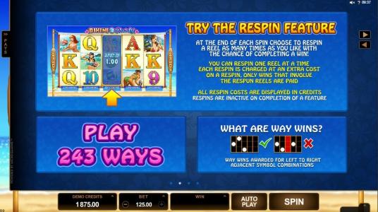 Bikini Party Slot Machine Respin Feature and Way Wins Explanation Screen