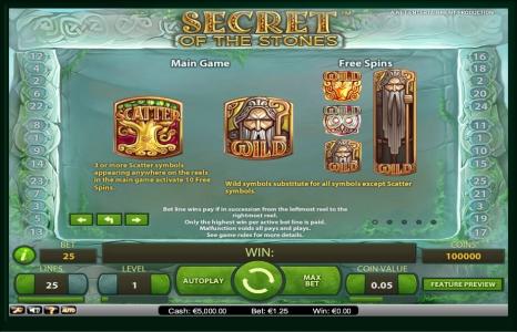 Secret of the Stones Slot Machine Scatter Awards and Wild Symbol Screen