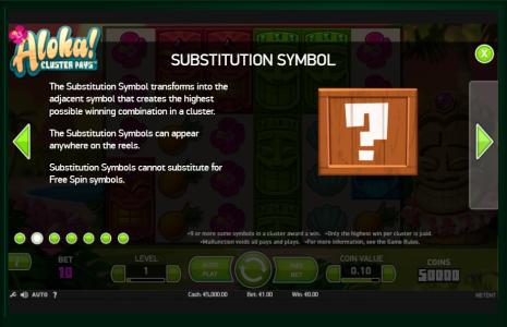 Aloha! Cluster Pays Slot Machine Substitution Symbol Screen