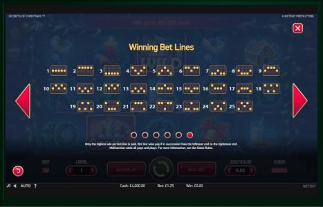 Secrets of Christmas Slot Machine Paylines Screen