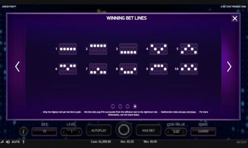 Joker Pro Slot Machine Paylines Screen
