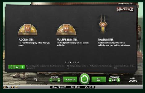 Steam Tower Slot Machine Floor, Multiplier, and Tower Meter Screen