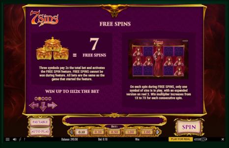 7 Sins Slot Machine Free Spins Bonus Screen