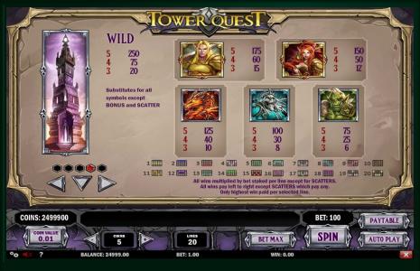 Tower Quest Slot Machine Paytable and Wild Screen
