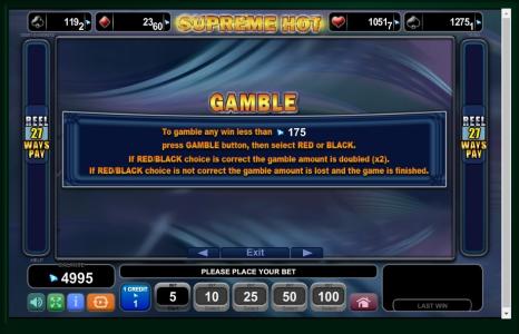 Supreme Hot Slot Machine Gamble Feature Screen