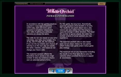 White Orchid Slot Machine Payback Information Screen.