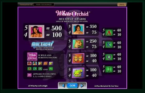 White Orchid White Orchid Slot Machine Paytable Screen