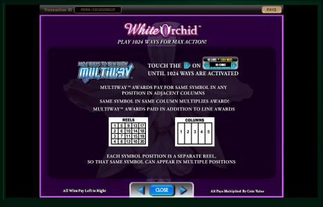 White Orchid Slot Machine Multiway Feature Screen.