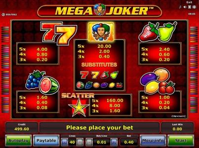 Mega Joker Slot Machine Paytable and Scatter Screen