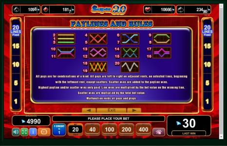 20 Super Hot Slot Machine Paylines Screen