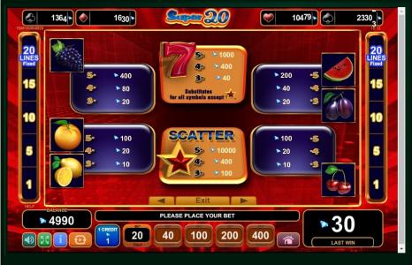 20 Super Hot Slot Machine Paytable Screen