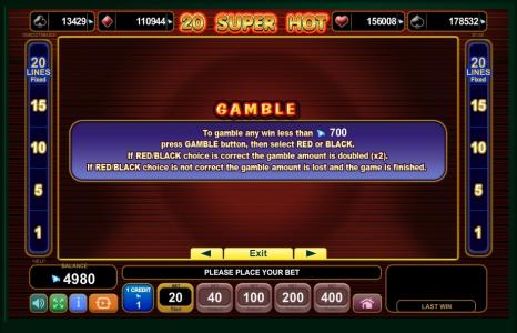 20 Super Hot Slot Machine Gamble Feature Screen