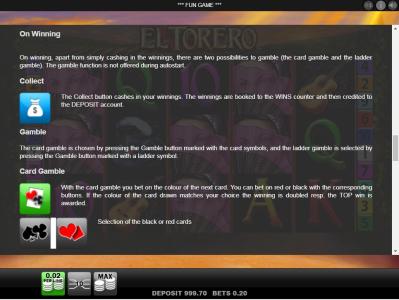 El Torero Slot Machine Gamble Feature Screen