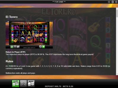 El Torero Slot Machine Game Rules Screen