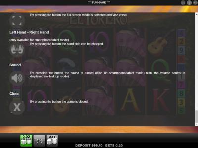 El Torero Slot Machine Full Screen, Hand Mode, and Sound Settings Screen