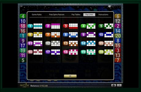 Sun and Moon Slot Machine Paylines Screen