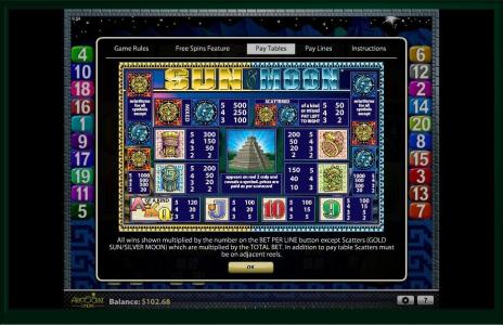 Sun and Moon Slot Machine Paytable Screen
