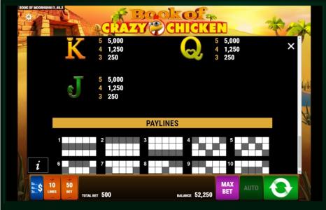 Book Of Crazy Chicken Slot Machine Paytable and Paylines Screen
