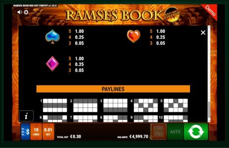 Ramses Book Red Hot Firepot Slot Machine Paytable and Paylines Screen