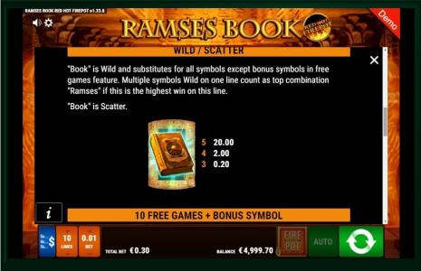 Ramses Book Red Hot Firepot Slot Machine Scatter Awards and Wild Symbol Screen