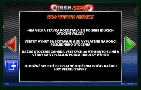 Cash Stax Slot Machine Big Bet Game Information Screen