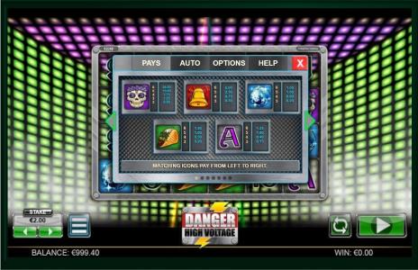 Danger High Voltage Slot Machine Paytable Screen