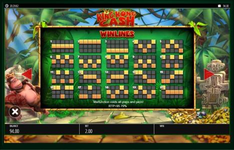 King Kong Cash Slot Machine Paylines Screen