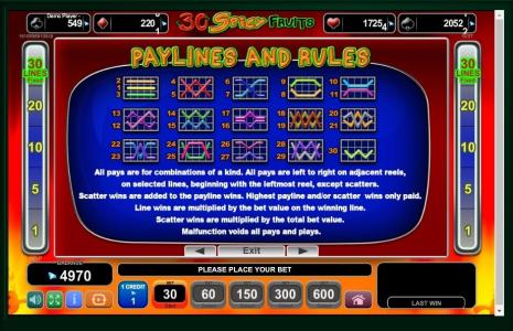 30 Spicy Fruits Slot Machine Paylines Screen