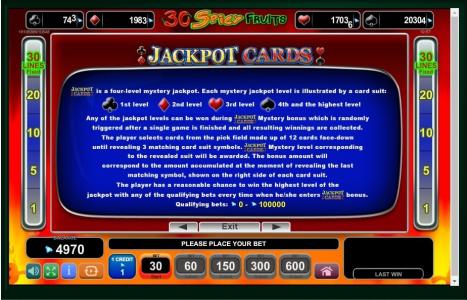 30 Spicy Fruits Slot Machine Jackpot Cards Screen