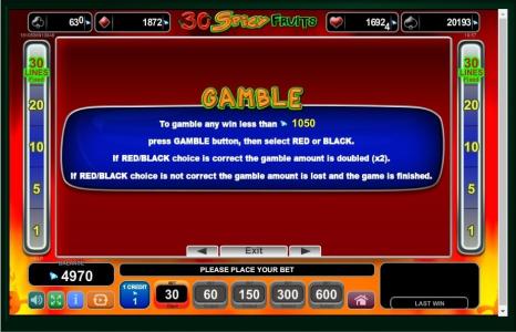 30 Spicy Fruits Slot Machine Gamble Feature Screen