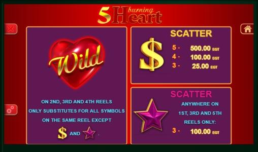 5 Burning Heart Slot Machine Scatter Awards and Wild Symbol Screen
