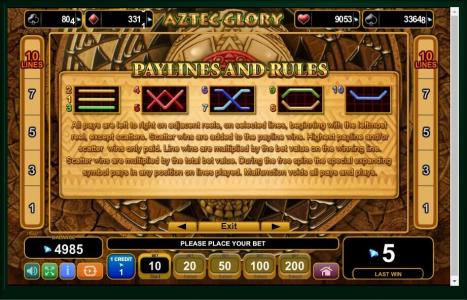 Aztec Glory Slot Machine Paylines Screen